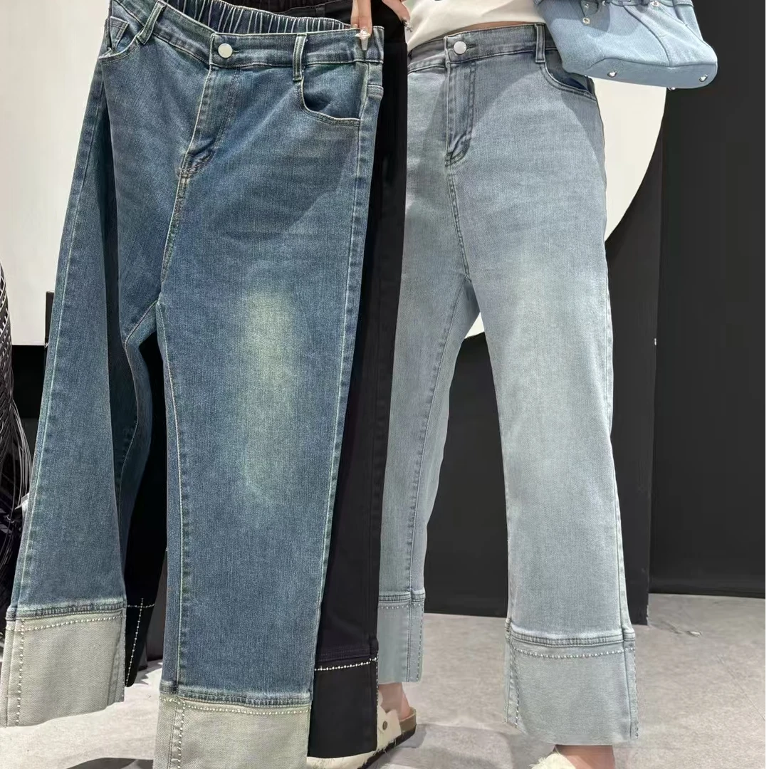 新款大码牛仔裤小个子女裤子半松紧高腰弹力直筒裤