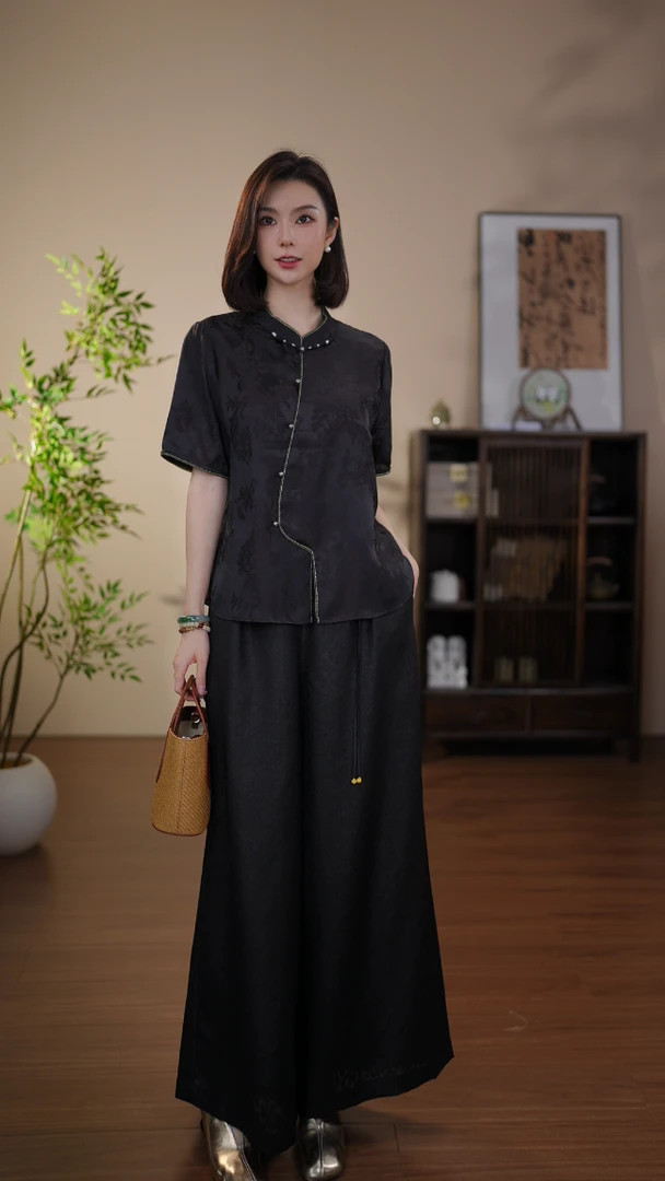 GONG QUE 新中式桑蚕丝暗纹提花百搭斜襟短袖上衣 3089