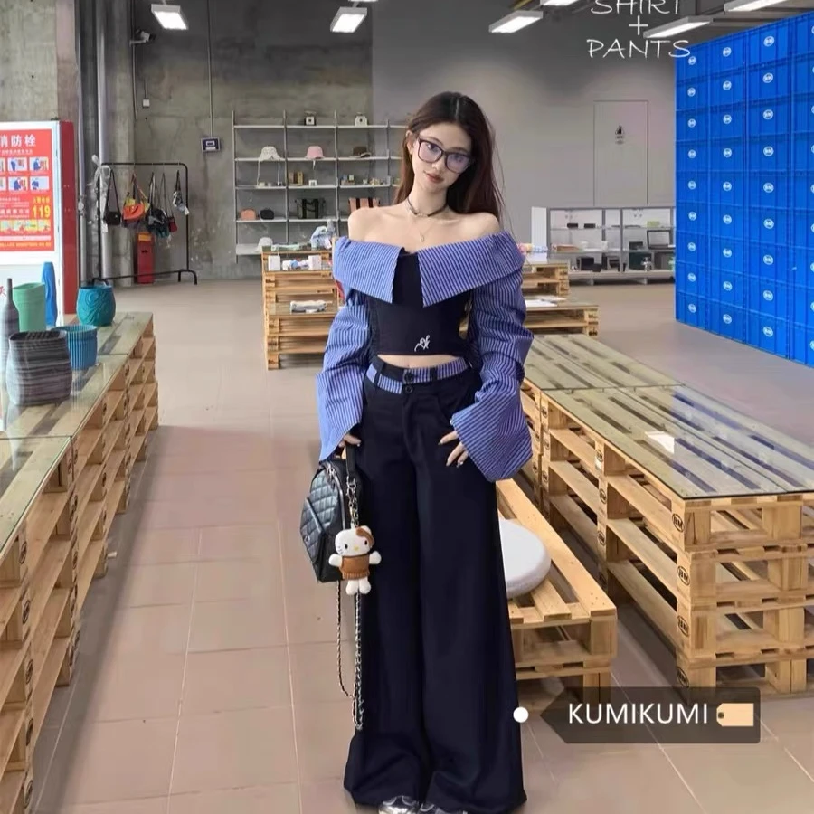 辣妹一字肩条纹拼接衬衫女春季休闲裤百搭阔腿长裤两件套