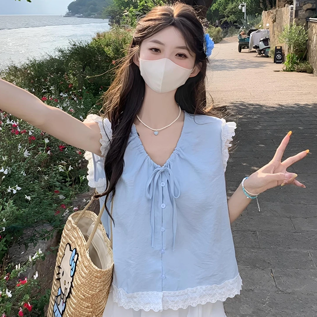 蓝色小飞袖吊带背心女夏多巴胺法式独特漂亮穿搭外穿无袖法式上衣