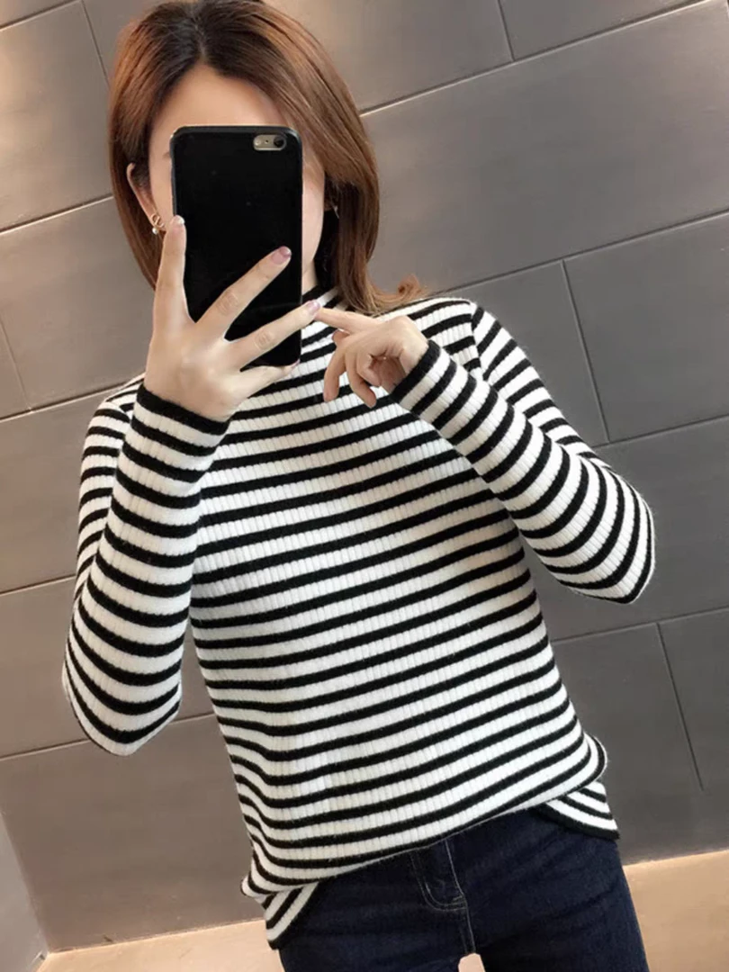 半高领长袖内搭打底衫T恤针织衫2025春季新款时尚肌理感上衣068