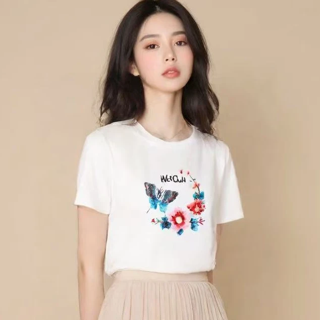 【梦幻蝴蝶】1法式刺绣短袖T恤女夏季2025新款圆领设计感别致小上衣