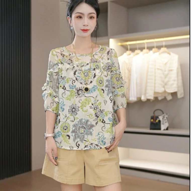 【冰感夏花】夏季新款减龄浪漫印花显瘦圆领小衫时尚衬衣
