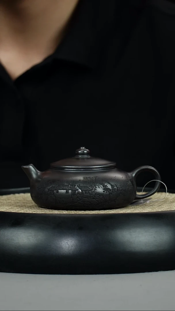 茶壶紫砂石黄 寒江 刻绘