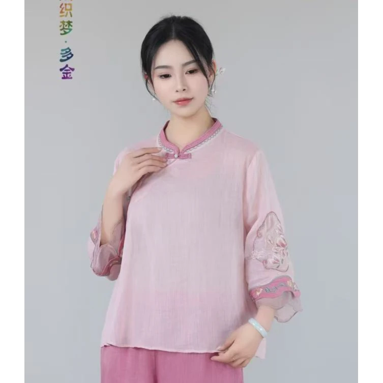 炫织梦通勤夏季立领斜襟刺绣微喇袖衬衫中国风中袖七分袖时尚茶服