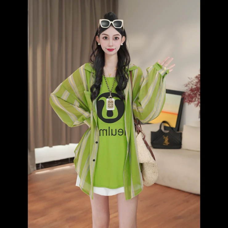 【现货】短款夏季长袖撒银休闲中长款格纹防晒衬衫上衣气质24531