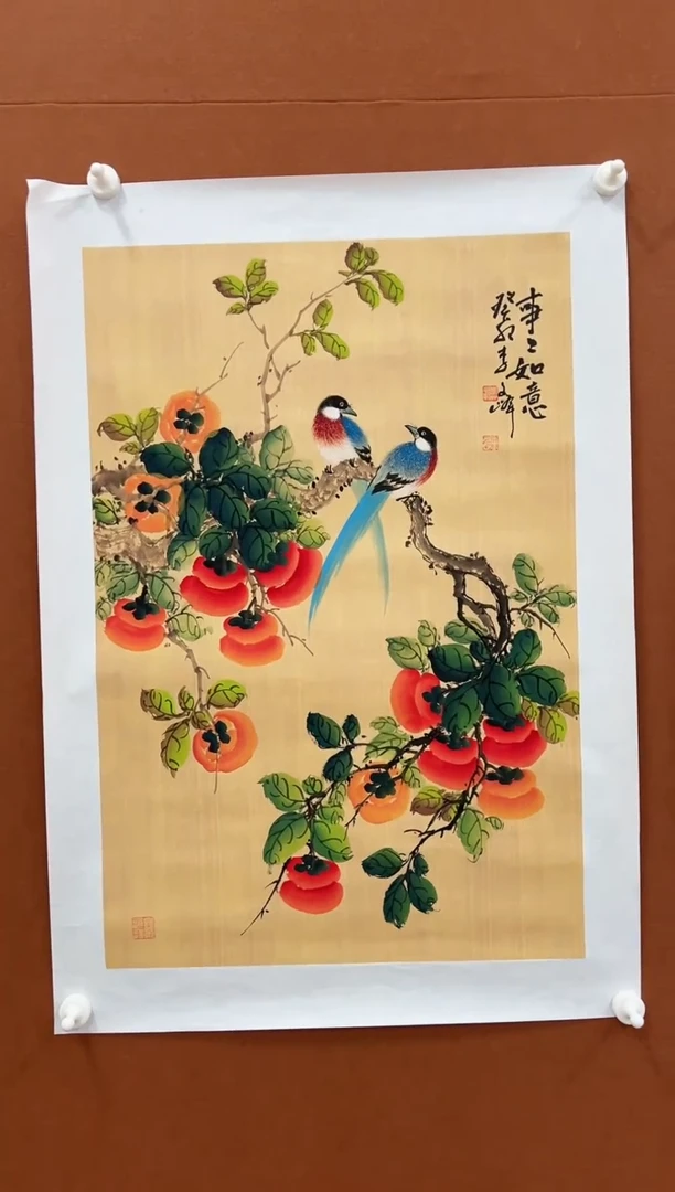 国画李文峰四尺三开仿古花鸟
