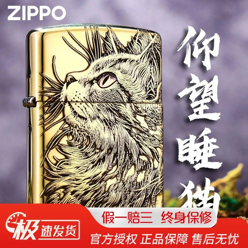 ZIPPO/之宝打火机正版仰望睡猫盔甲浮雕煤油正品火机送礼男士DYJ1