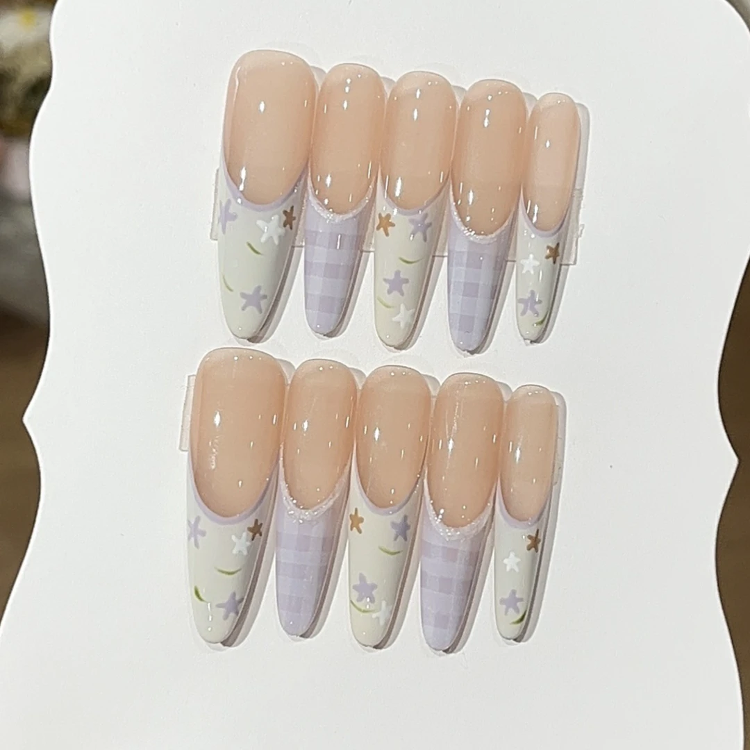 【油画少女】夏日奶油风手绘奶芙小碎花氛围感格纹穿戴甲气质