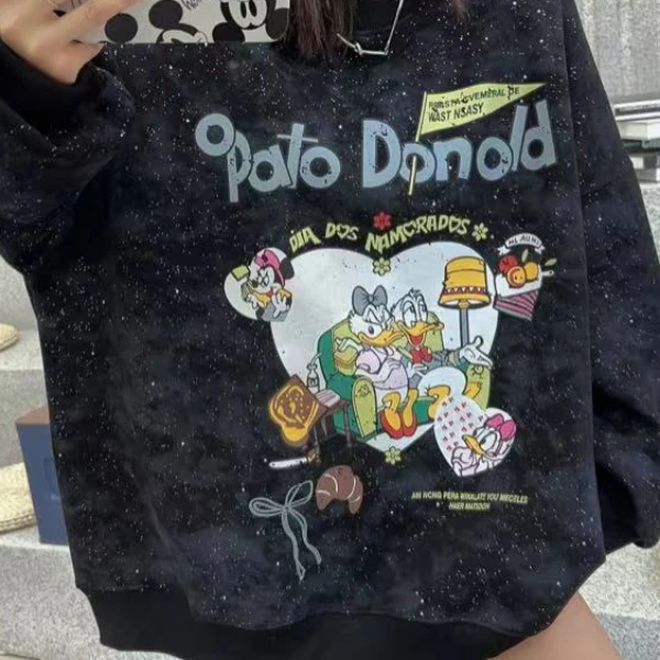 新春款闪星字母唐老鸭时尚休闲黑色宽松潮流加厚卡通韩版