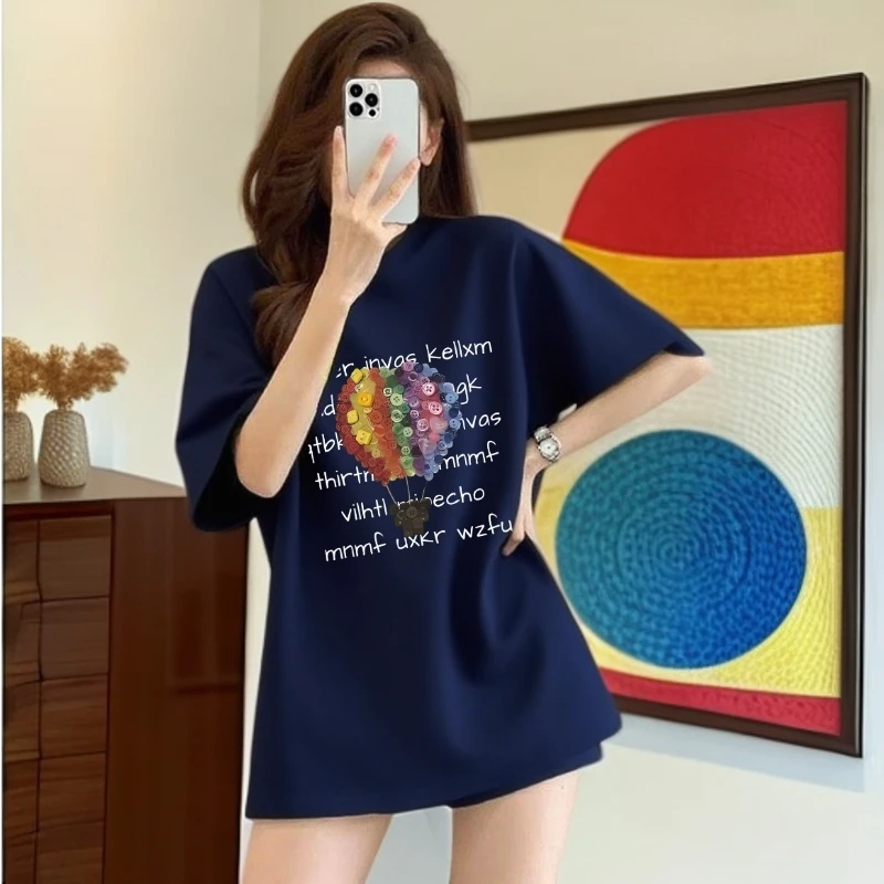 深蓝色遮肉短袖棉质女t恤中长款遮肚印花女胖妹藏肉北欧风上衣服