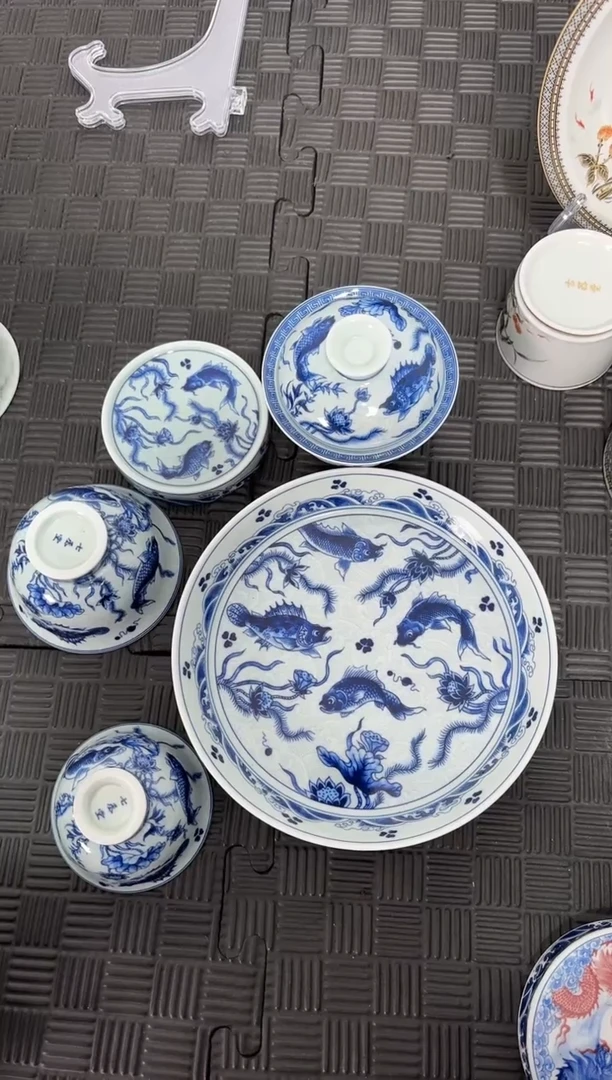 盖碗瓷用****兵景德镇陶瓷茶具淡海水鱼藻纹套组