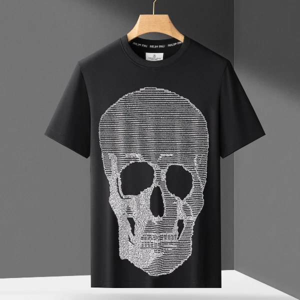 3D轻奢重工烫钻骷髅圆领半袖修身液氨匹马棉男士T恤