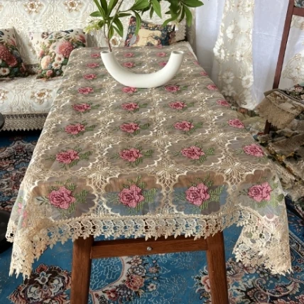 ZN029-86玻璃纱【105*155】咖红十字绣高织高密玻璃砂水溶边桌布