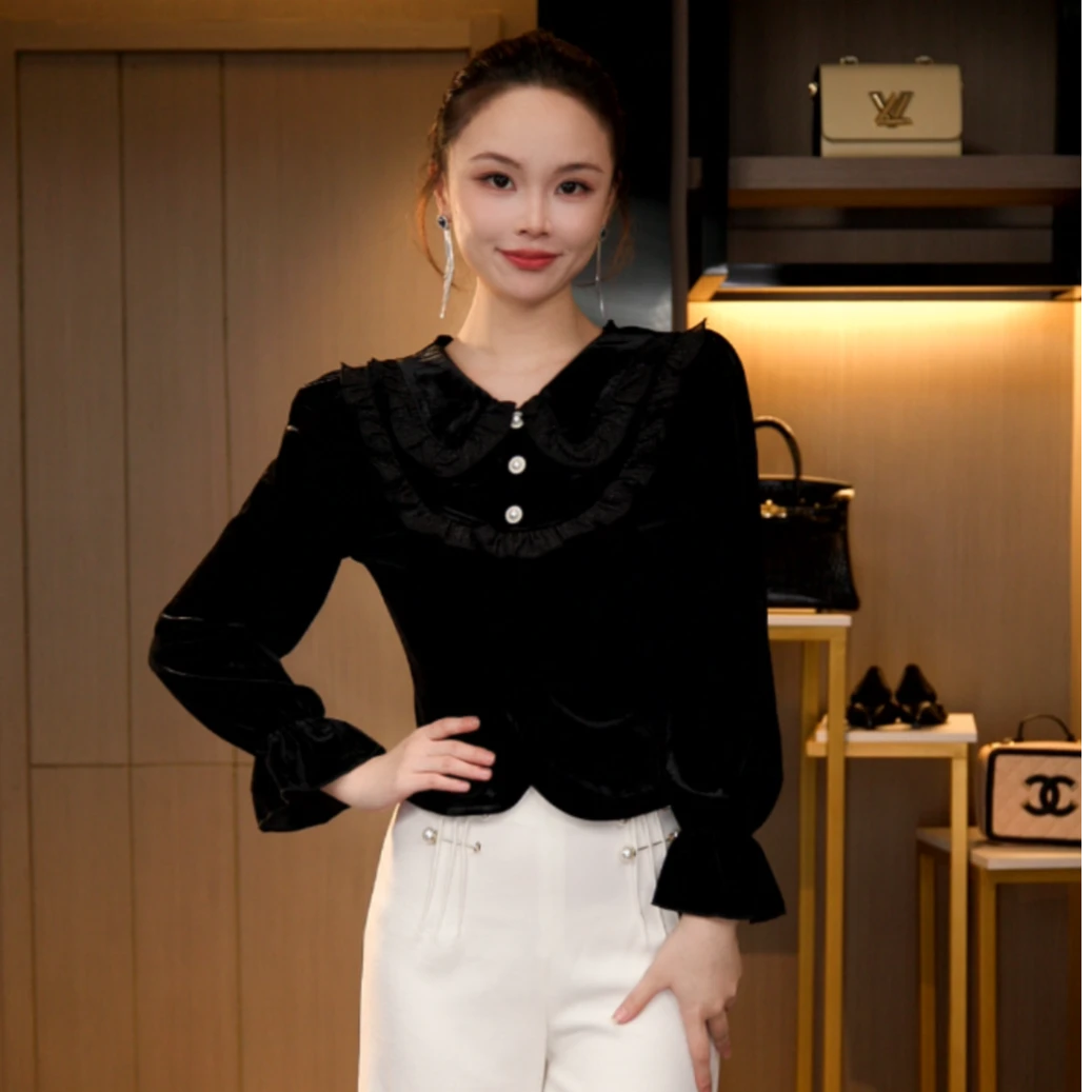 L3D1226 秋冬法式复古长袖显瘦气质丝绒T恤上衣