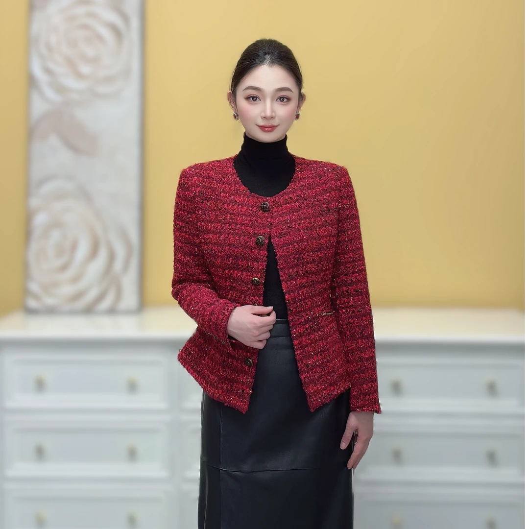 剀剀莉 （岁岁年华）秋冬新品绵羊毛红色圆领精致小香外套 0-15度