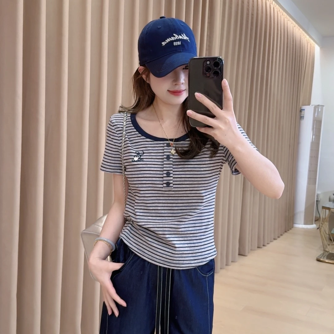 奈奈妮【纯简之美】正肩条纹U领短袖T恤修身显瘦洋气百搭上衣9161