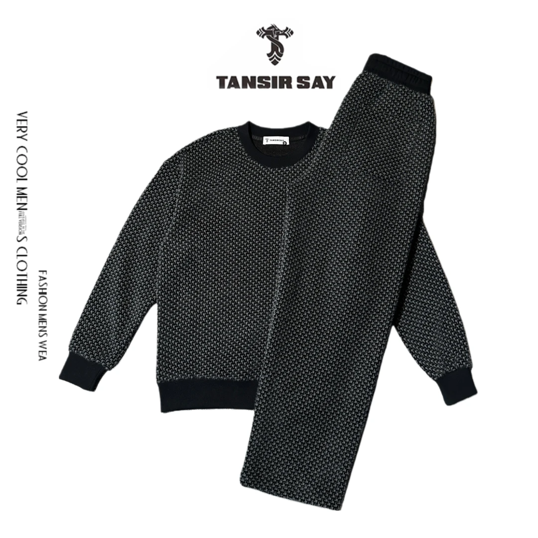 小众设计师重磅加绒加厚圆领千鸟格提花休闲套装时尚潮流