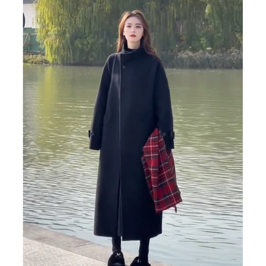 【深圳南油白桃美美 】秋冬气质毛呢大衣韩版立领宽松加厚外套D1299