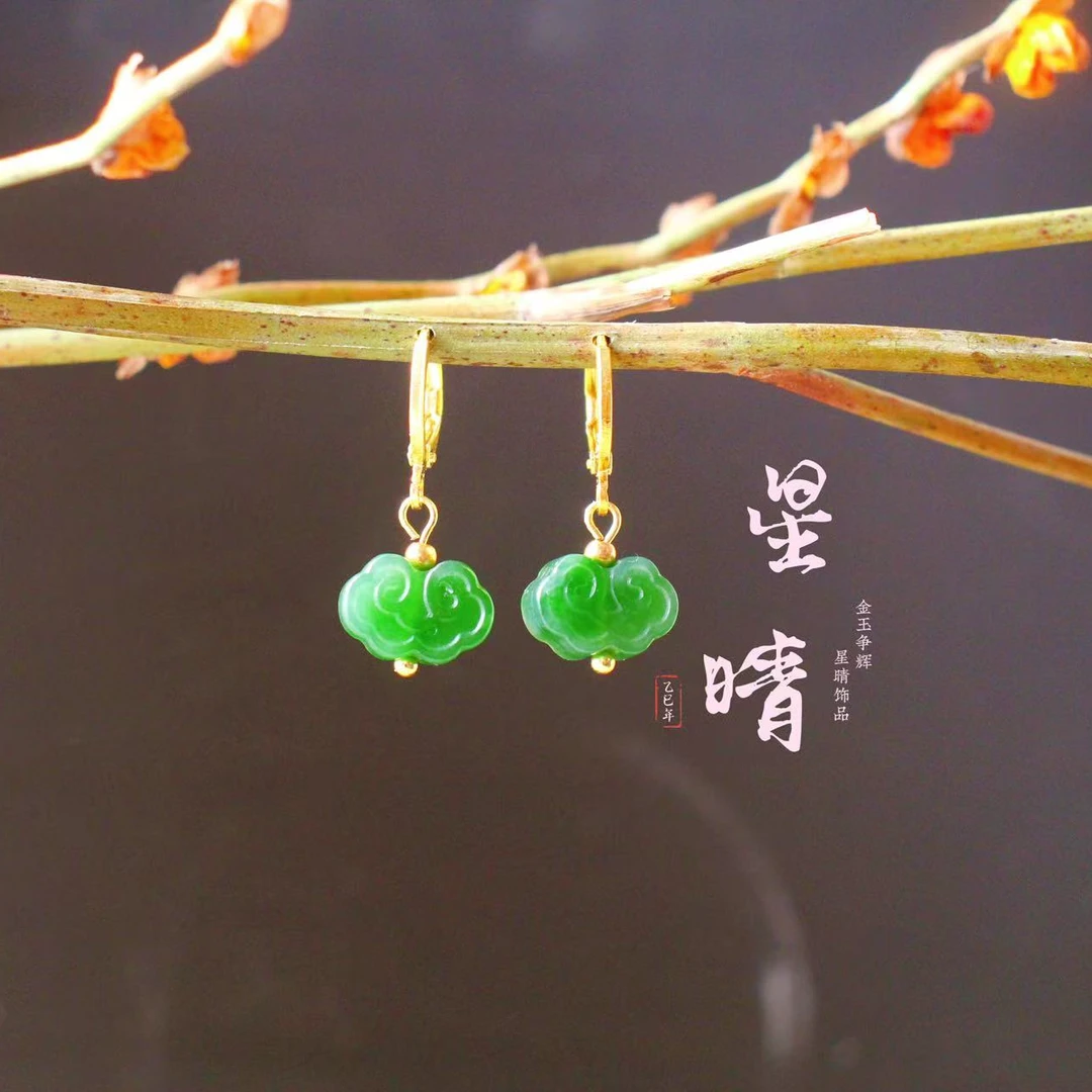 S925银镀金精品和田玉碧玉祥云笑口长开耳圈耳坠