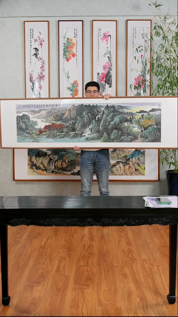 国画张现军《紫气东来》纯手绘带框223*63