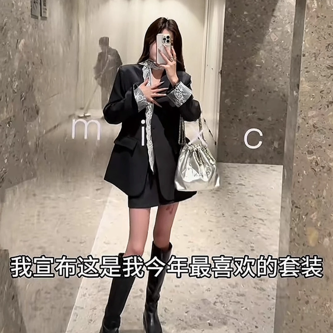 春夏流行蕾丝拼接飘带3296西装外套A字半身裙套装韩版减龄通勤