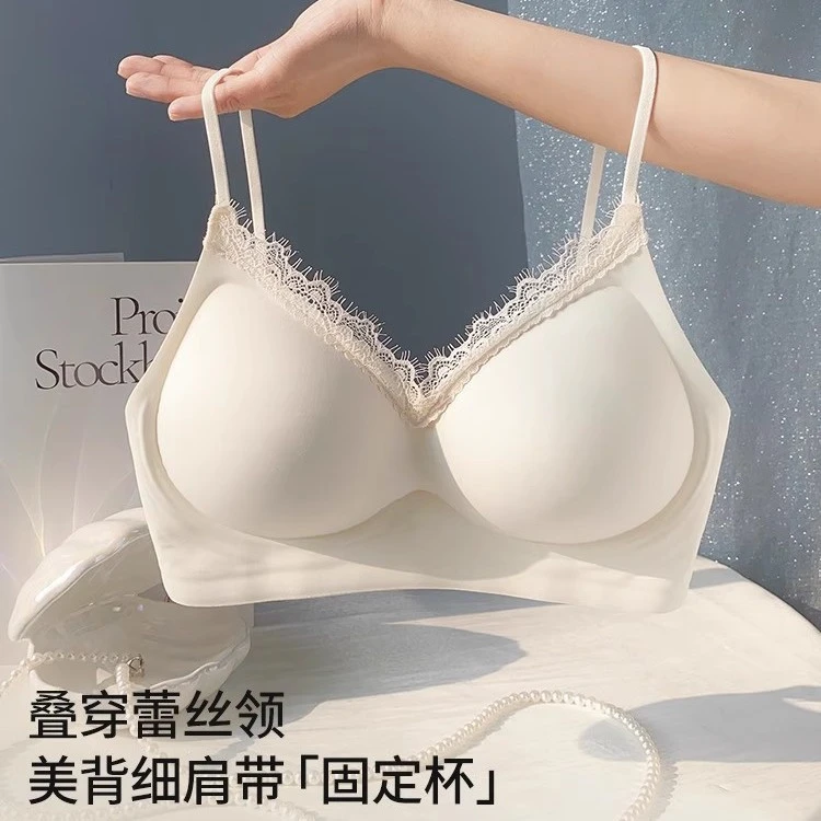 细肩带复古蕾丝花边美背文胸女无钢圈聚拢上托收副乳夏季薄款内衣