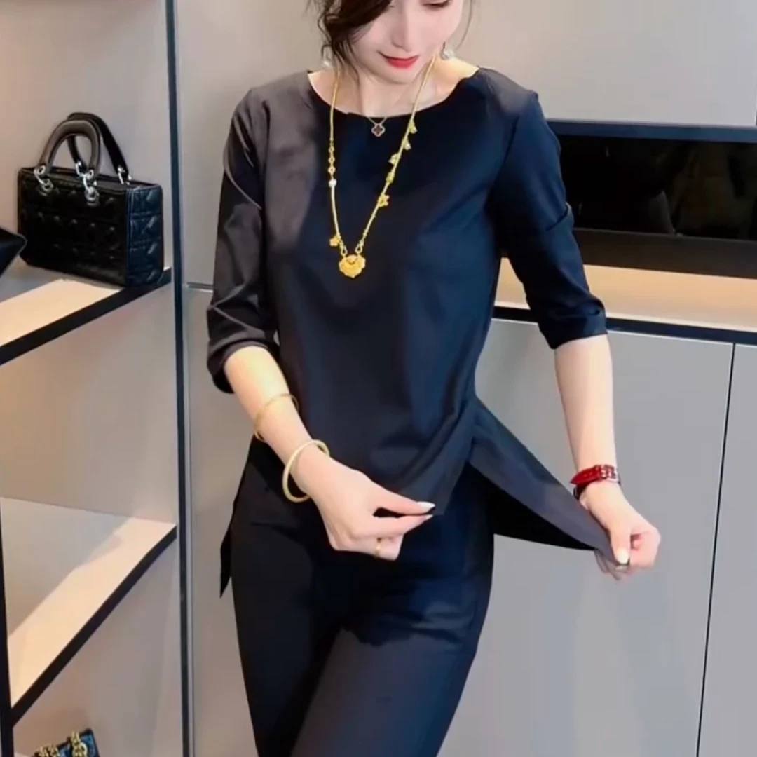 2024秋季新款时尚圆领不规则T洋气百搭休闲搭内搭显瘦打底衫韩版