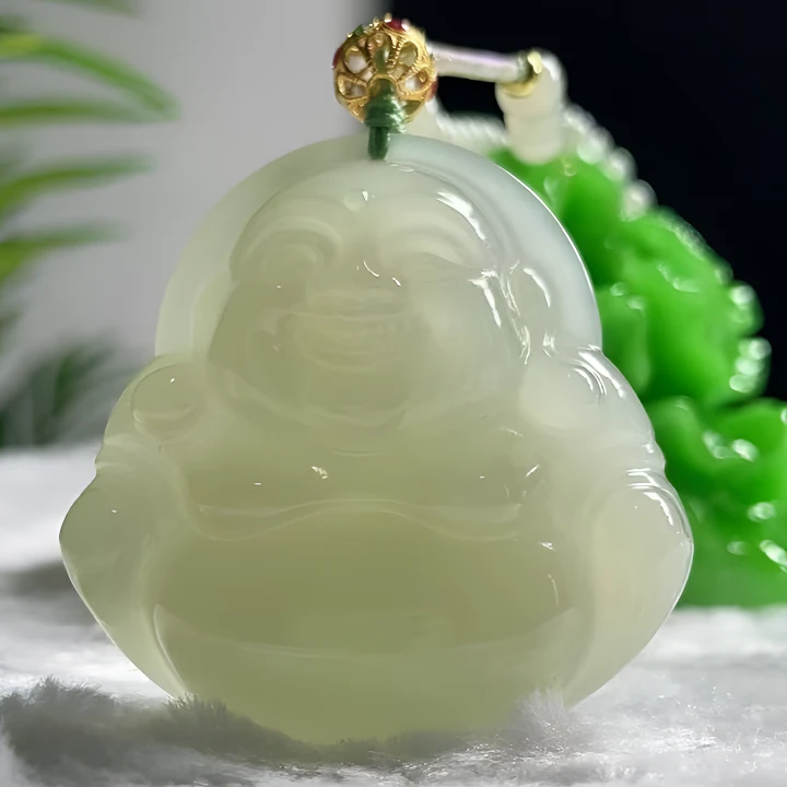 和田玉吊坠宝宝佛公高冰18K金镶嵌B79约50mm