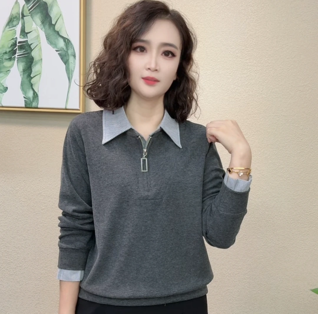 2025秋季新款休闲风长袖显瘦时尚拼接假两件翻领女士上衣#982034