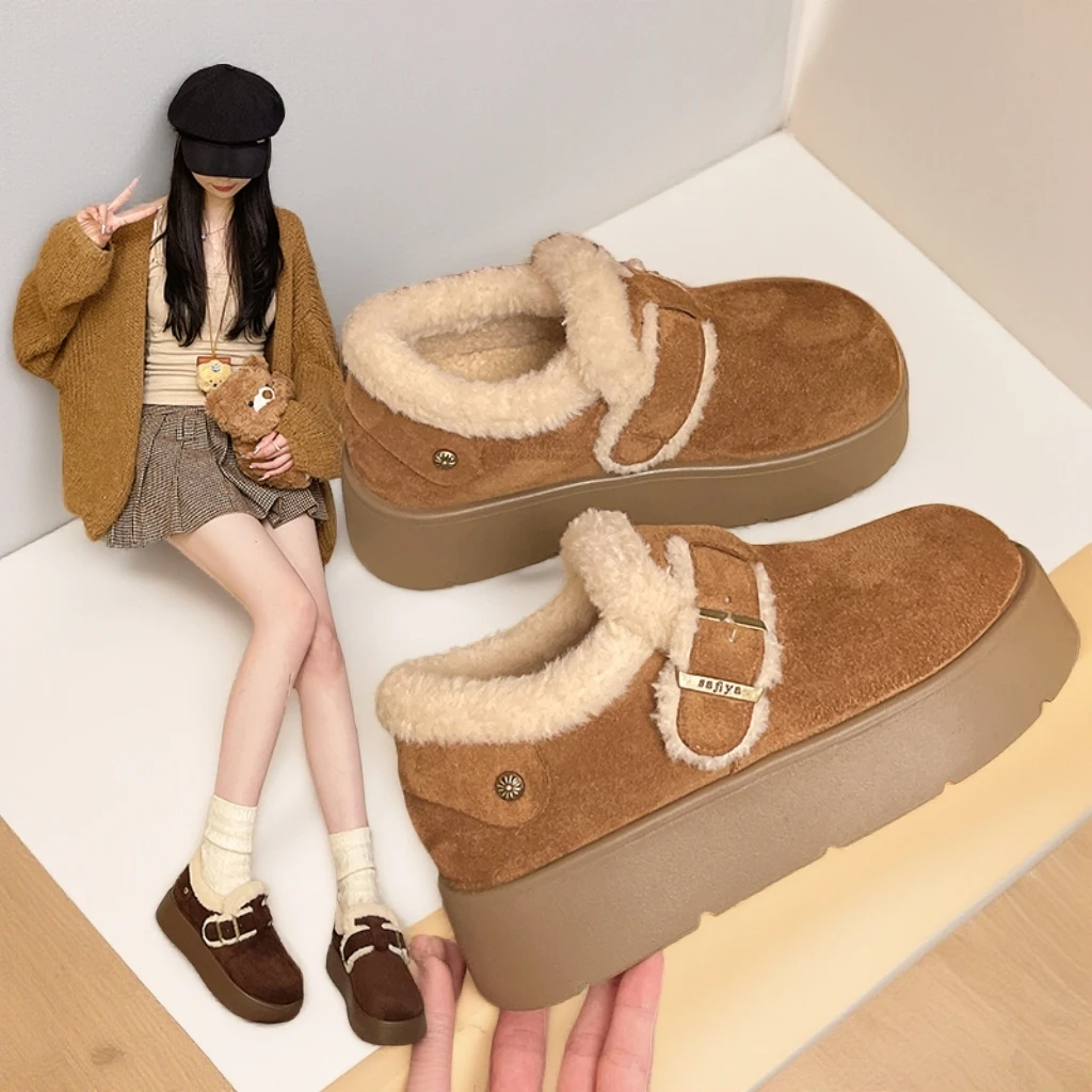 厚底增高全包勃肯鞋女2025新款冬季加绒加厚低帮东北雪地防滑棉鞋