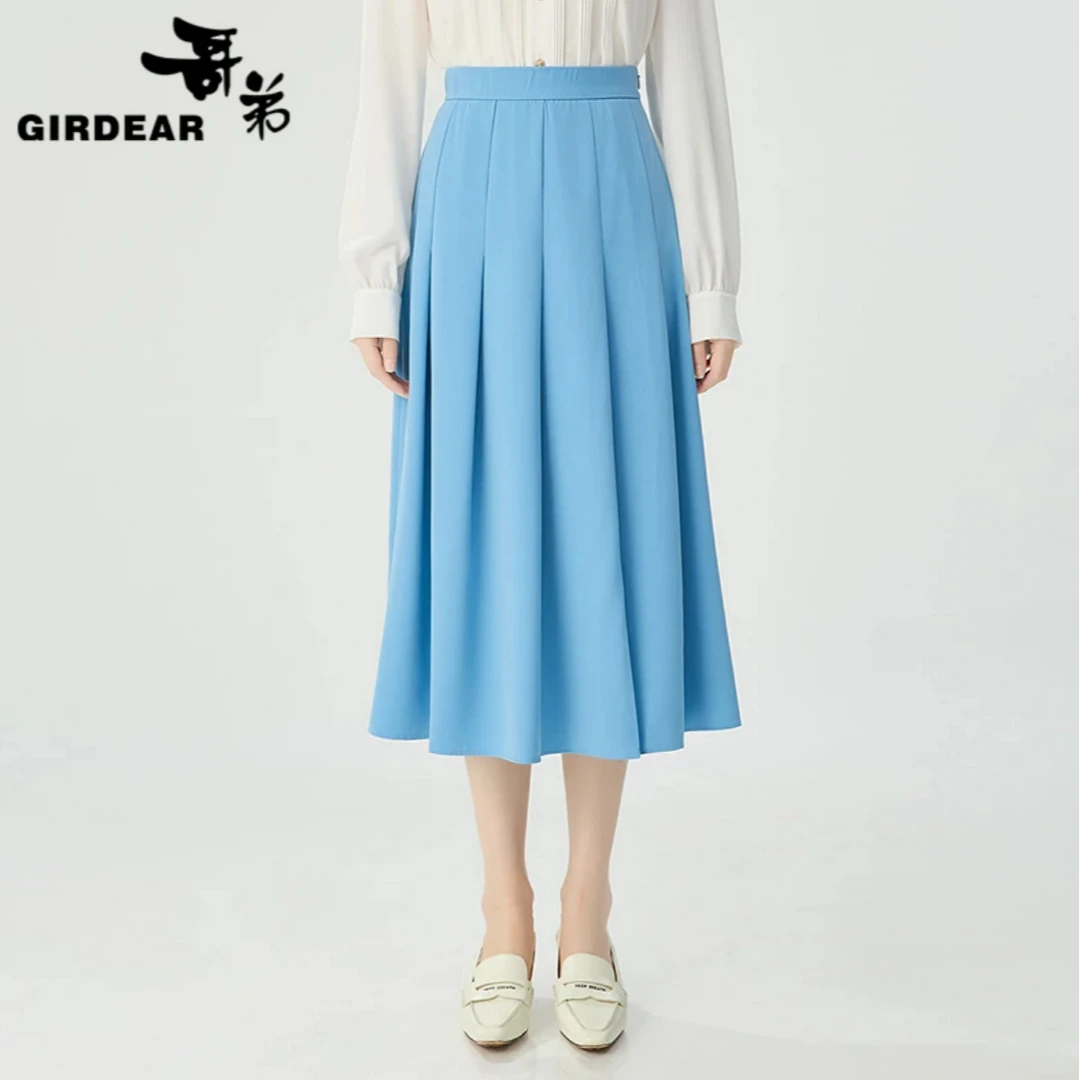 GIRDEAR/哥弟新款通勤气质高腰前片百褶侧开叉长款半身裙1200325