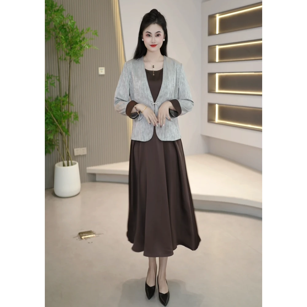 【外套+背心裙】秋季圆领七分袖新中式时尚通勤遮肉气质两件套裙