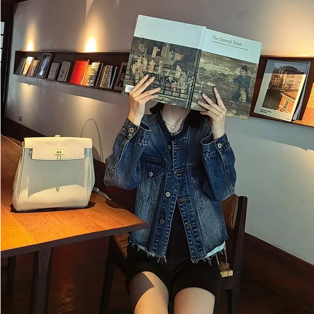 Aixiaomei/爱小美【小美的礼物】法式无领毛边复古牛仔外套WT-442