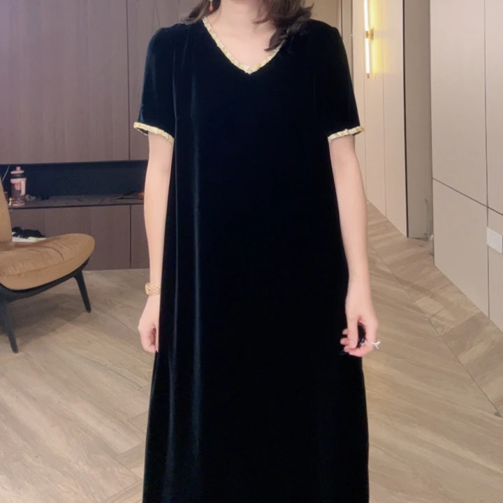 ys371V领黄色钉珠真丝丝绒连衣裙A字长裙黑色显瘦m112