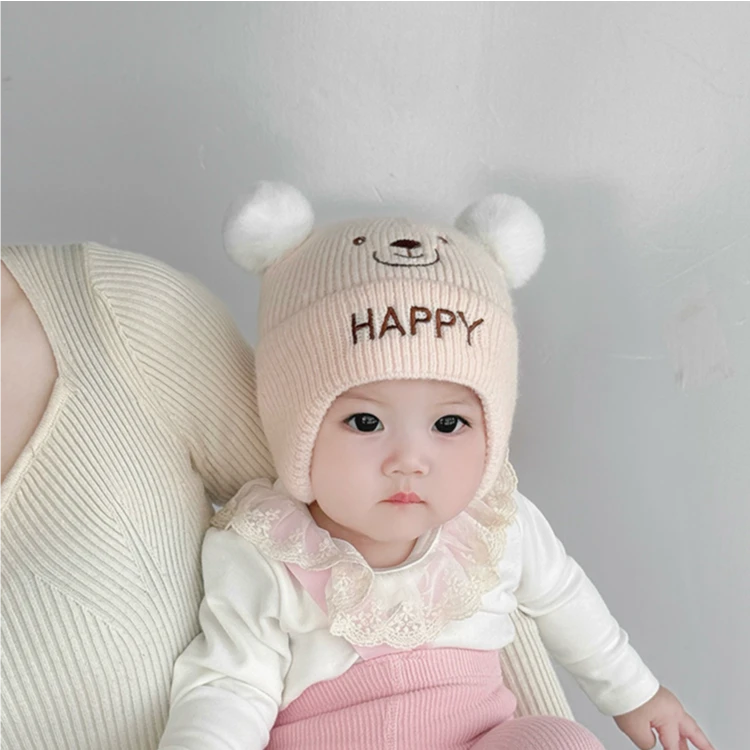 婴儿帽子秋冬季保暖加厚可爱针织帽男女宝宝小月龄防风护耳毛线帽