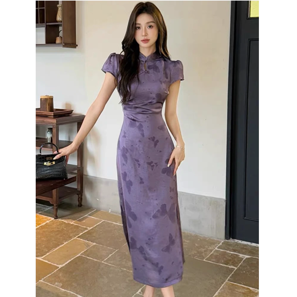 【C141】新中式2025夏缎面紫色蝴蝶印花显瘦改良版旗袍女日常