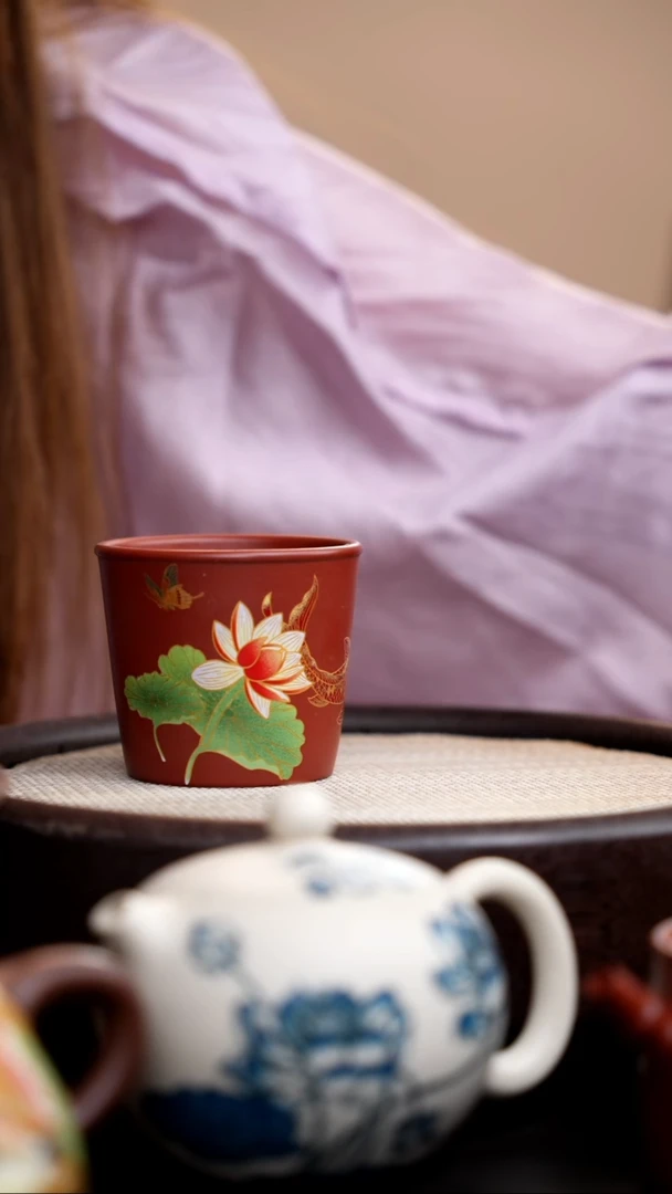 茶壶紫砂朱泥直升杯荷花