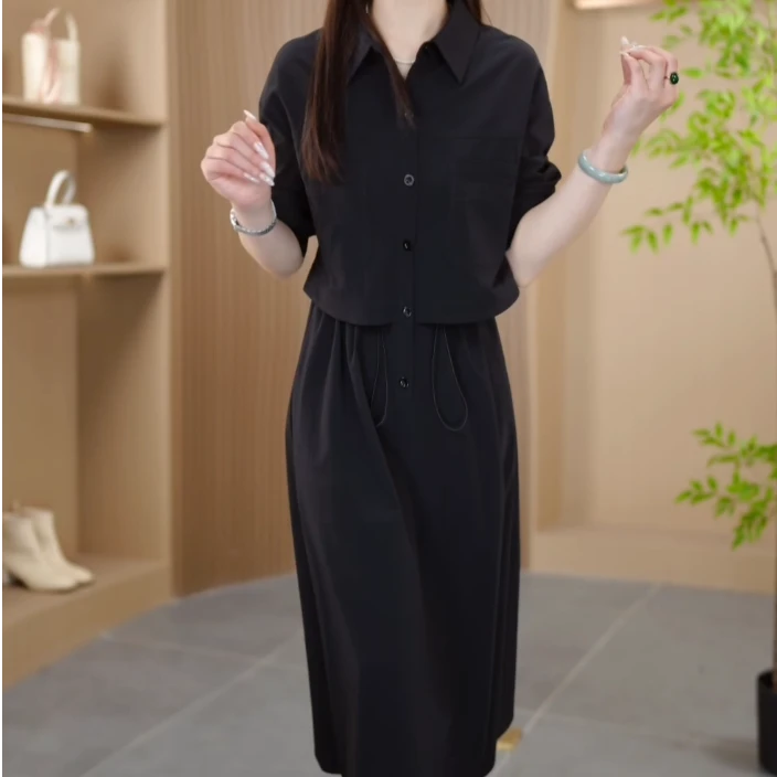 春季2025新款翻领时尚气质显瘦修身减龄长袖女装假两件连衣裙