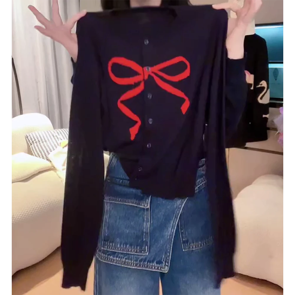 【蝴蝶结毛针织开衫】早秋流行款卡通长袖新款开衫潮流休闲C6164