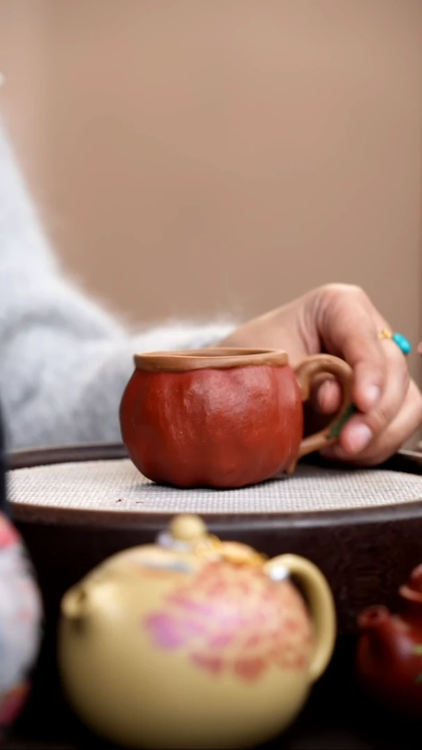 茶壶紫砂朱泥粉浆石榴手把杯