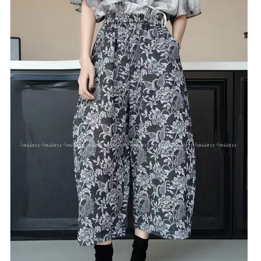 黑屿白/822 口袋直筒裤阔腿裤高腰印花休闲裤长款显瘦时尚碎花