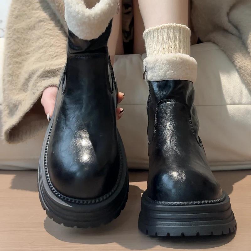 OJRZ内增高厚底毛毛短靴女2025冬季新款棉靴加绒马丁靴保暖雪地靴