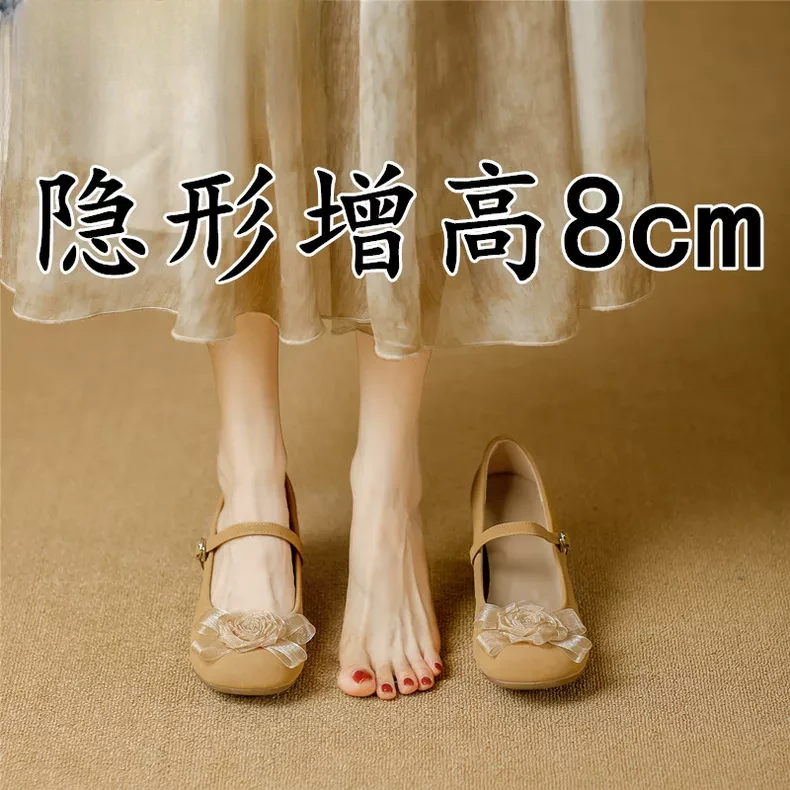 小个子内增高玛丽珍鞋女花朵温柔气质配裙子晚晚鞋一字扣带高跟鞋