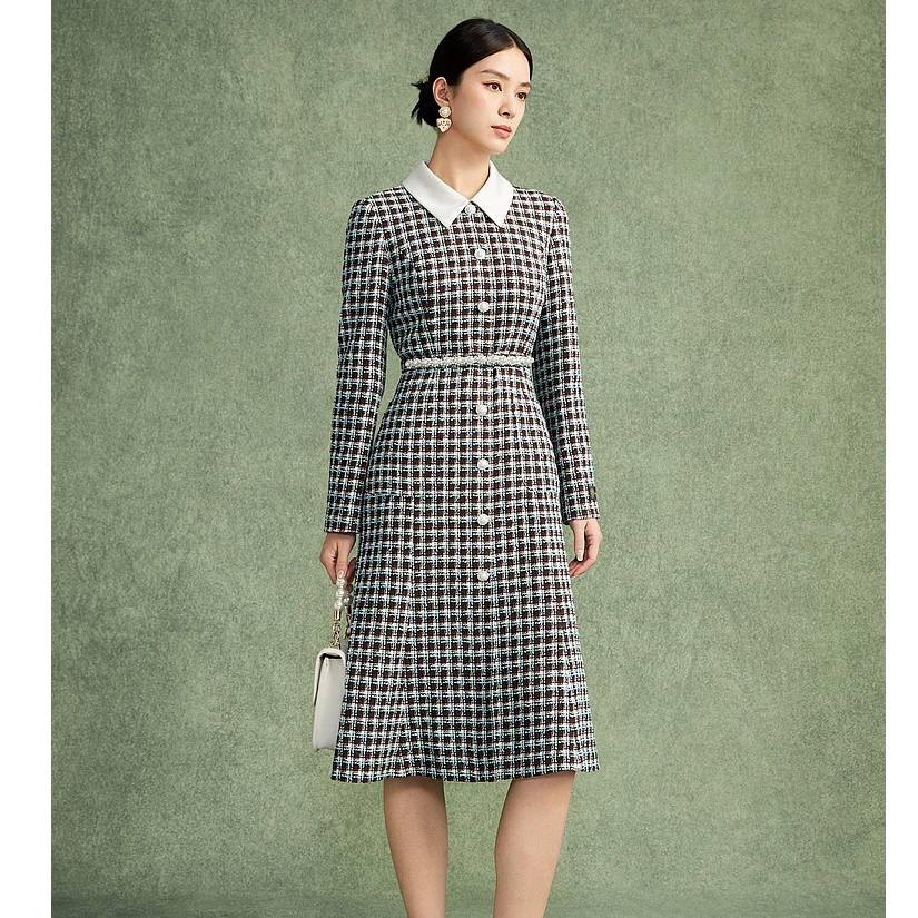 新款粗花呢复古鱼尾连衣裙优雅气质收腰长裙-MJFD02WOP307N61