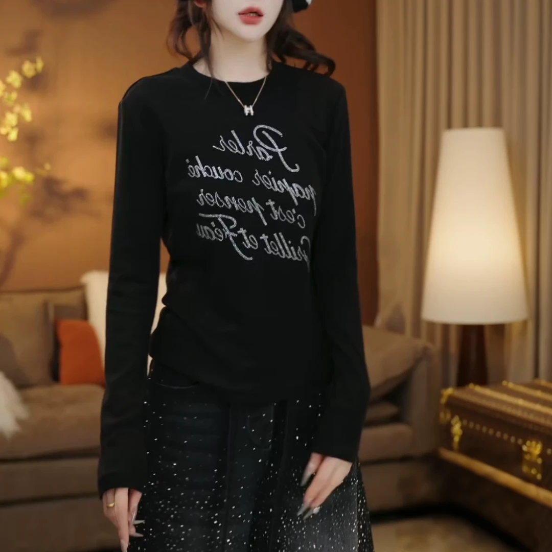 『晶晶T』秋冬百搭气质时尚休闲黑色潮流打底衫长袖T恤女LK2509016