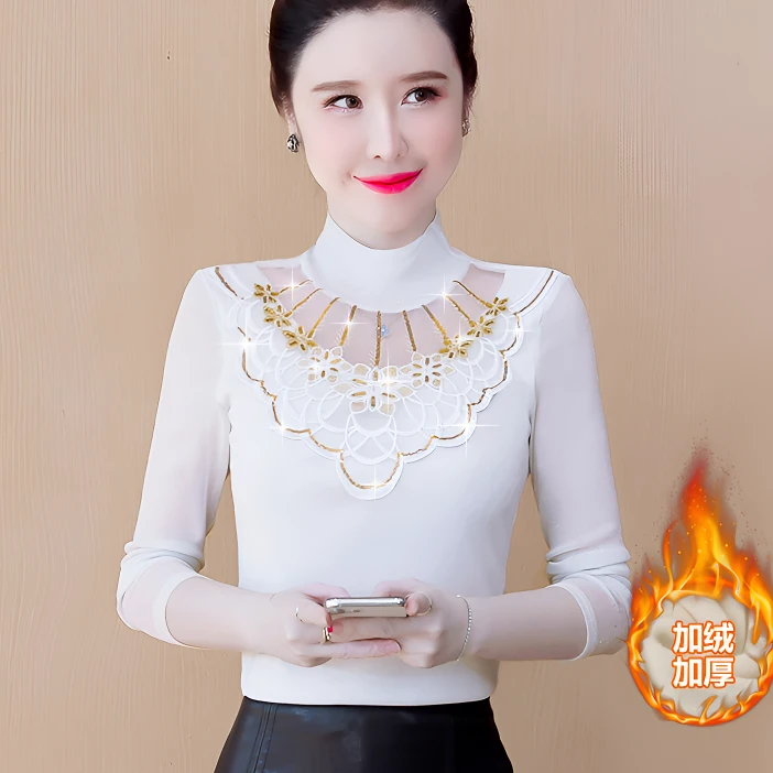 中年妈妈洋气时尚长袖t恤女秋冬女装蕾丝加绒显瘦上衣百搭打底衫