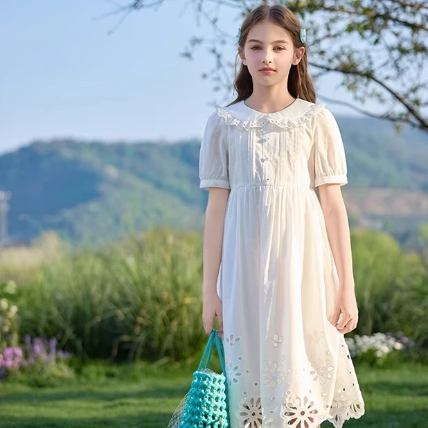 女童纯棉白色连衣裙夏装新款礼服裙中大童薄款裙子儿童公主裙1104