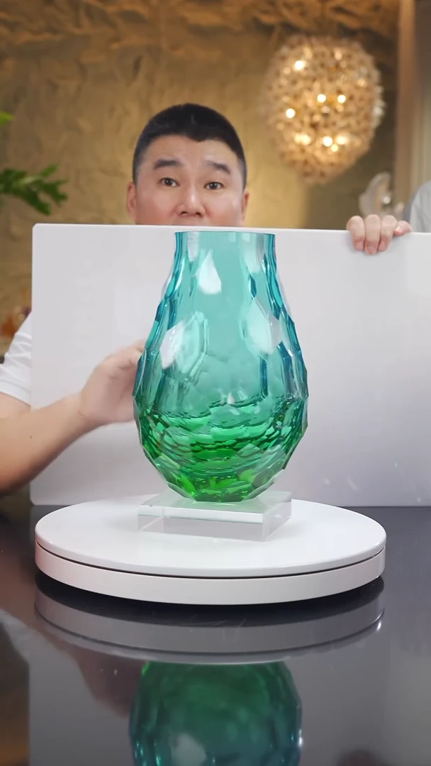 琉璃手工艺品福利设计款蓝绿凹切面花瓶