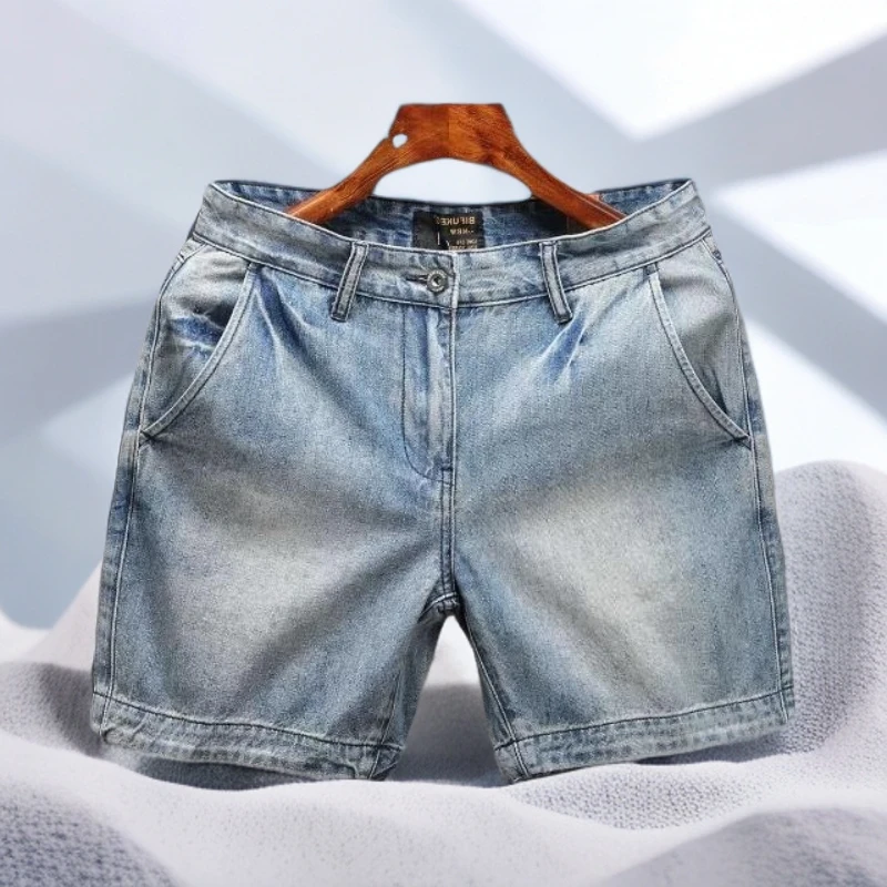 夏季薄款美式休闲复古男士修身进口直筒休闲裤痞帅四分裤牛仔短裤